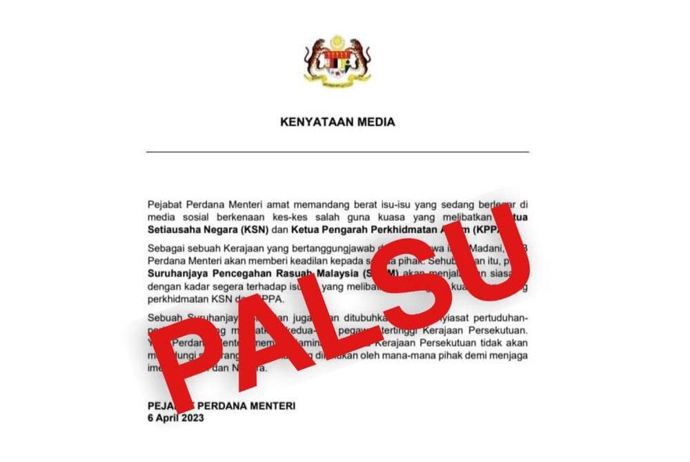 Kenyataan bertarikh 6 April yang didakwa dikeluarkan oleh Pejabat Perdana Menteri adalah palsu.