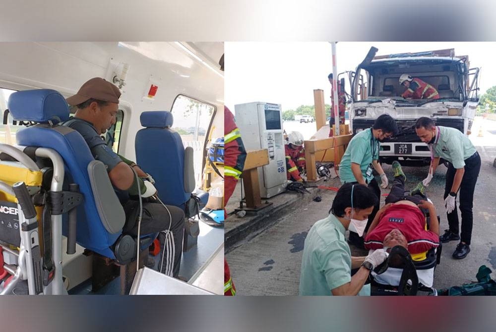 Petugas kesihatan memberi rawatan dan mempersiapkan mangsa untuk dibawa ke HTAR, setelah terlibat dalam satu kemalangan di Plaza Tol LKSA Alam Impian, dekat sini pada Jumaat.