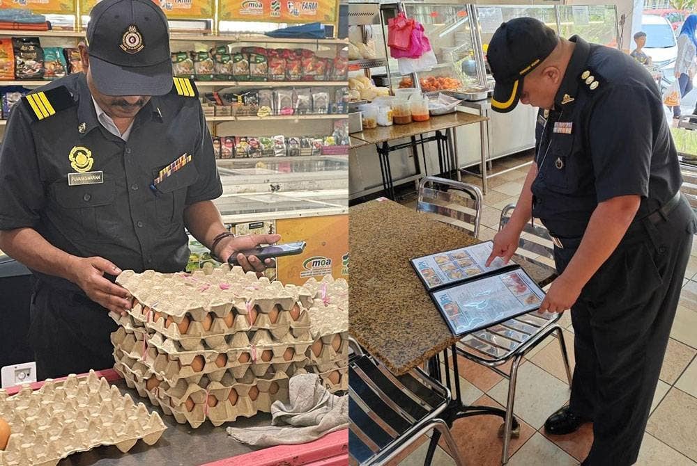 Seorang petugas KPDN memeriksa harga dan kualiti telur di sebuah pasar raya. Gambar kanan: Seorang pegawai KPDN melakukan pemeriksaan harga di sebuah restoran bagi memastikan tidak berlaku kenaikan harga yang melampau.