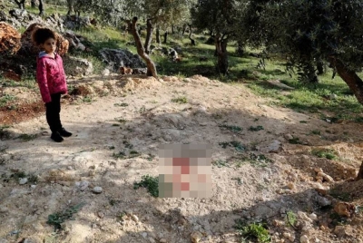 Seorang kanak-kanak perempuan berdiri berhampiran kesan darah di tempat kejadian dua lelaki Palestin dibunuh berhampiran Nablus di Tebing Barat. - Foto: Reuters