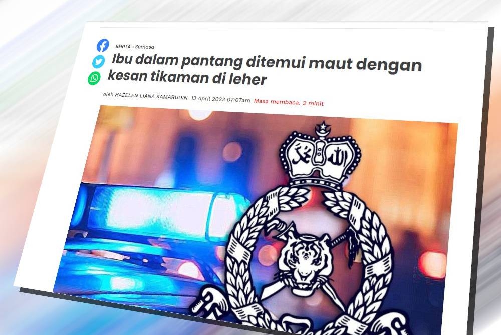 Dalam kejadian kira-kira 5 petang semalam, seorang wanita berusia 35 tahun ditemukan berlumuran darah dengan sebilah pisau masih tertusuk di lehernya.