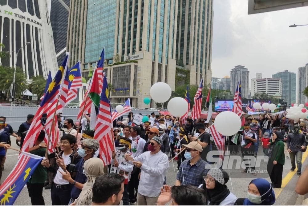 Suasana Himpunan Solidariti Hari Al-Quds Sedunia di Masjid Tabung Haji, Kuala Lumpur pada Jumaat.