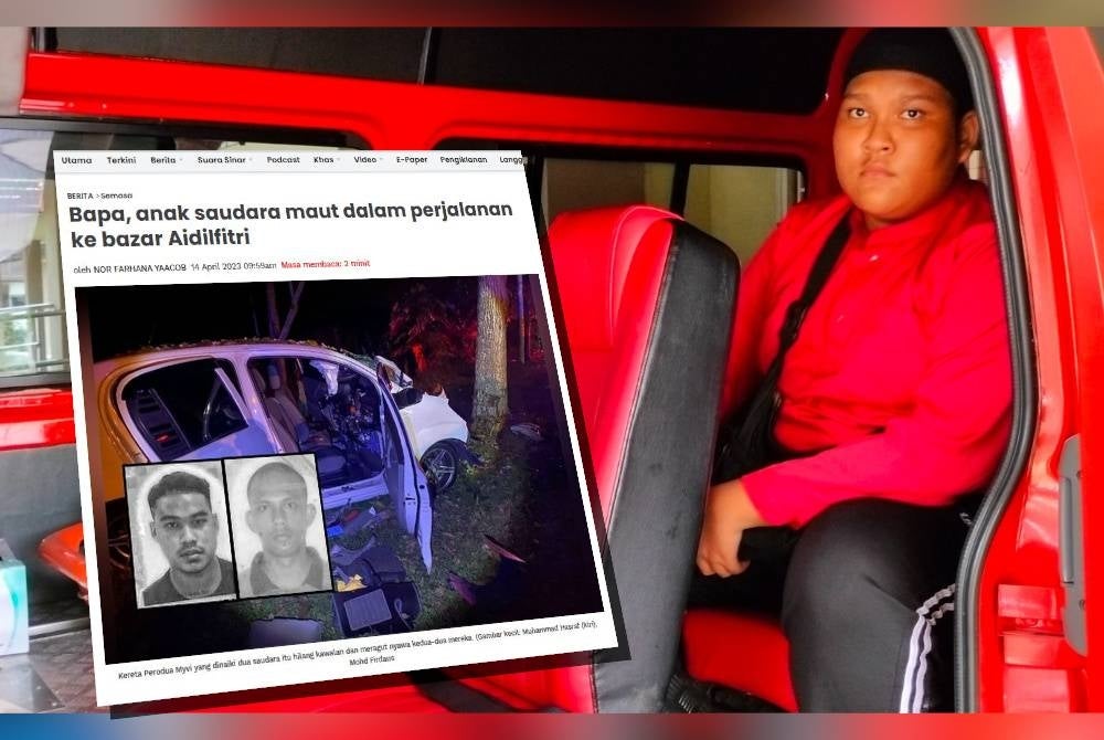 Muhammad Aliff ketika menaiki van yang membawa jenazah abangnya ketika ditemui di Unit Forensik Hospital Alor Gajah pada Jumaat.