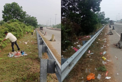 Petugas JKR Lipis giat menjalankan kerja pembersihan di laluan berkenaan. Gambar kanan: Keadan sampah yang dibuang merata-rata di laluan Kechau Tui, Lipis.