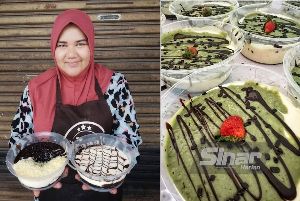 Umil Izzah menunjukkan Kek kawin (kiri) dan kek hantu (kanan) yang dijual pada harga RM10. (Kek pistachio yang baharu diperkenalkan turut mendapat sambutan daripada pelanggan.)