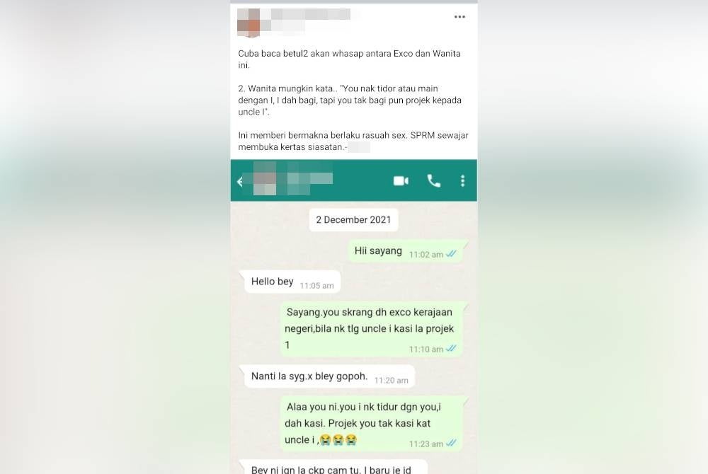 Hantaran seorang aktivis di Facebook berkenaan seorang Exco Melaka terlibat dengan rasuah seks.