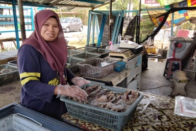 Zainab menunjukkan ike bekok yang siap diproses untuk dijual kepada pelanggan.