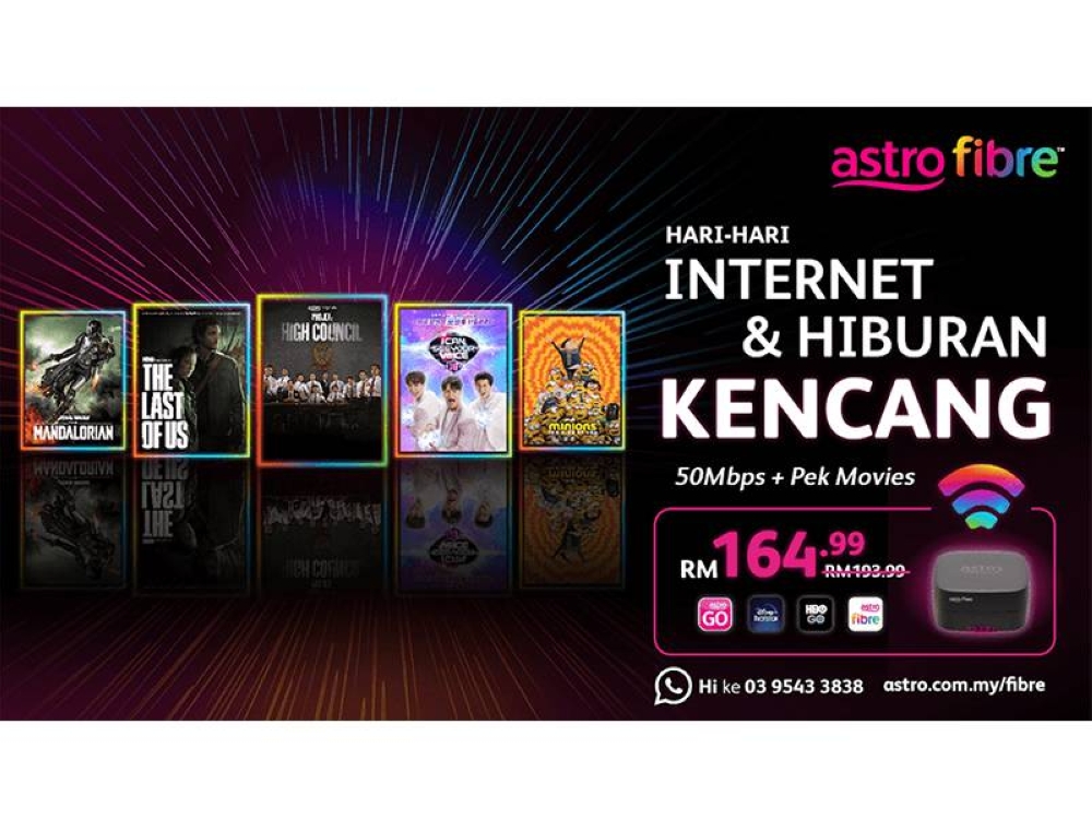Nikmati penjimatan sebanyak RM696 apabila mendaftar untuk pelan Astro Fibre 50 Mbps serta Pek Sukan atau Movies dalam satu pakej.