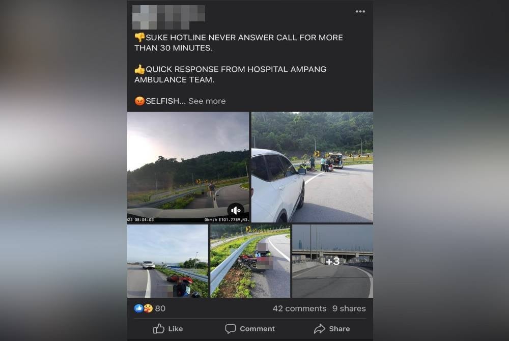 Hantaran pengguna akaun Facebook mengenai perkhidmatan hotline SUKE.