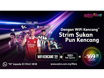 Nikmati penjimatan sebanyak RM696 apabila mendaftar untuk pelan Astro Fibre 50 Mbps serta Pek Sukan atau Movies dalam satu pakej.