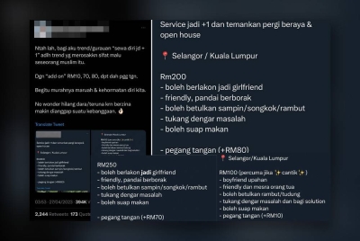 Ciapan @AmirulRuslam di Twitter mengenai iklan teman beraya yang tular di aplikasi berkenaan. Antara iklan perkhidmatan teman beraya yang dikongsikan di laman Twitter