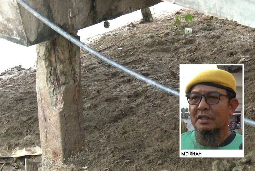 Tiang jambatan yang mengalami keretakan serius.