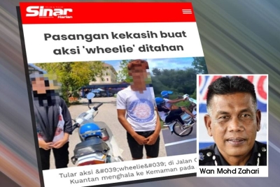 Sinar Harian pada Isnin melaporkan penahanan pasangan kekasih yang melakukan aksi 'wheelie' di Kampung Balok selepas video mereka tular di laman sosial.