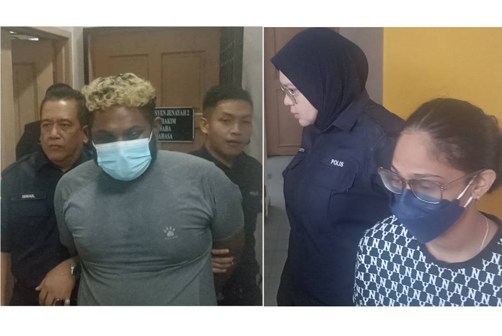 S Nagendran (kiri), A Sangeetha dibawa keluar selepas mengaku bersalah di Mahkamah Sesyen Johor Bahru pada Rabu.