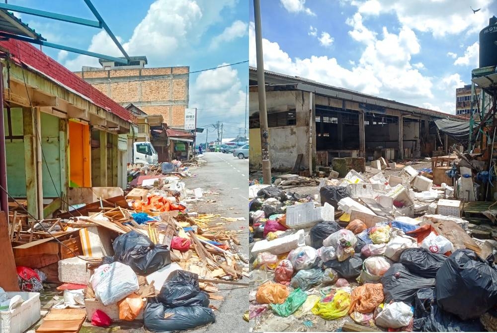 Sampah turut memunuhi kawasan tepi jalan berhampiran tapak pasar pagi. Keadaan longgokan sampah di tapak pasar pagi lama.