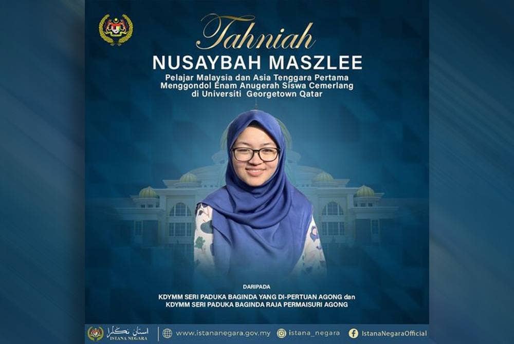 Yang di-Pertuan Agong Al-Sultan Abdullah Ri'ayatuddin Al-Mustafa Billah Shah dan Raja Permaisuri Agong Tunku Azizah Aminah Maimunah Iskandariah menzahirkan ucapan tahniah kepada Nusaybah atas kejayaan itu. - Facebok Istana Negara