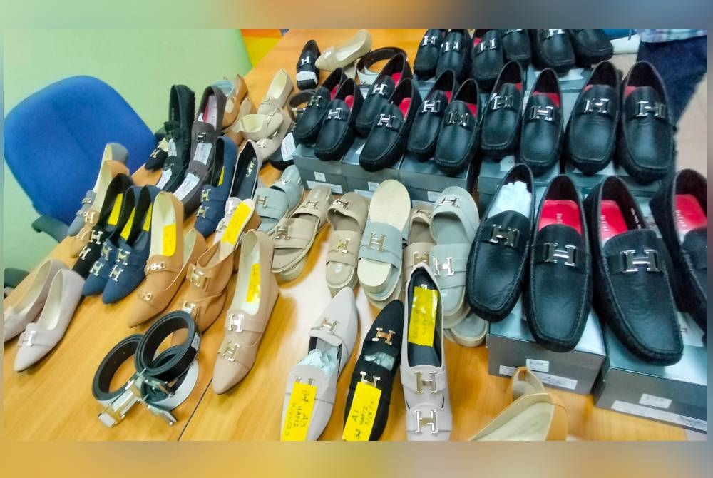 Sebahagian barangan termasuk kasut jenama tiruan yang dijual dengan harga RM90 dirampas dalam operasi pada Khamis.