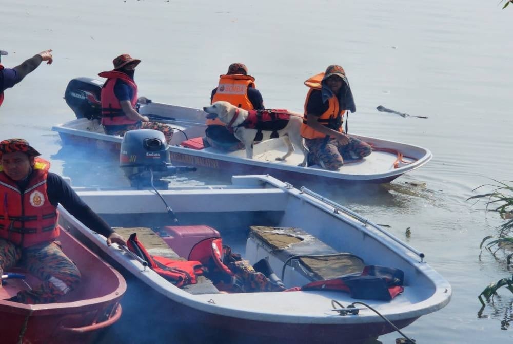 Unit K9 JBPM Perak digerakkan dalam SAR remaja dikhuatiri lemas di Sungai Perak. - Foto ihsan Bomba Perak