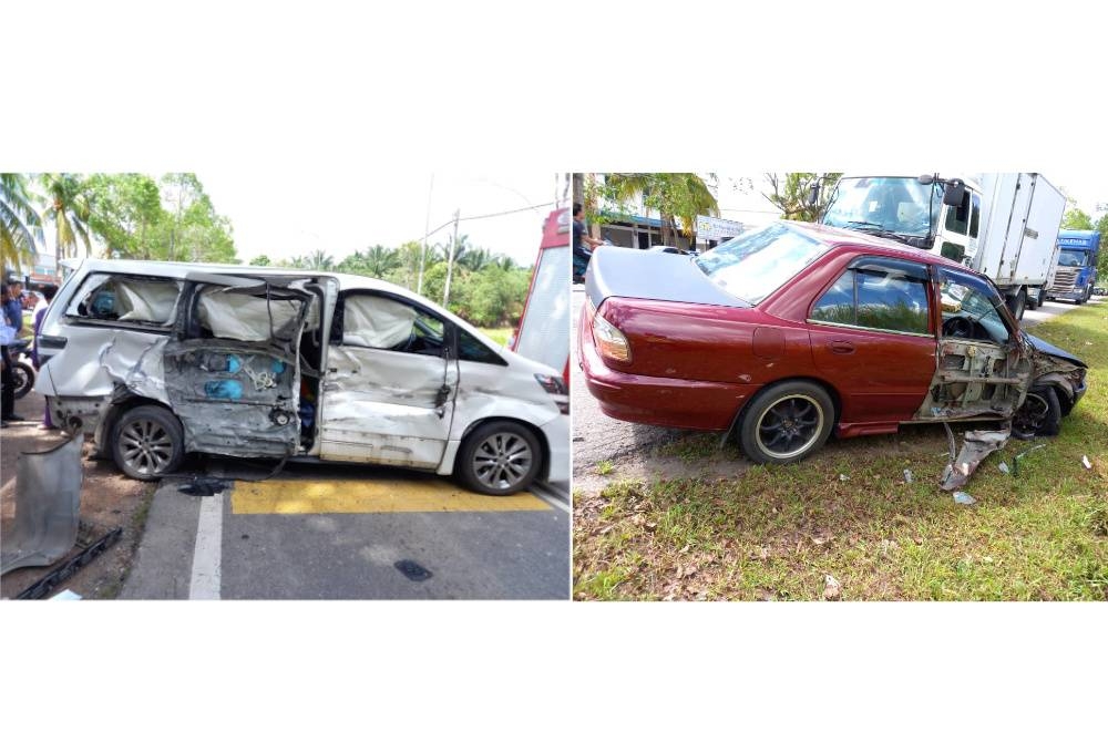 Keadaan MPV Toyota Vellfire dan Proton Wira dalam kemalangan membabitkan lima kenderaan pada Sabtu.