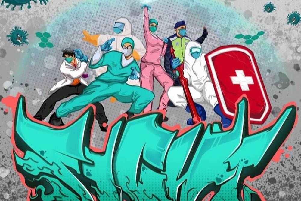 Lukisan hasil karya Fattah yang membawa maksud memerangi Covid-19 dan kepentingan menjaga kesihatan.