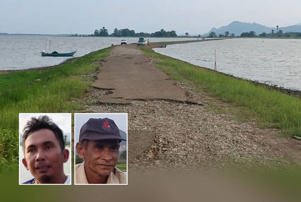 Jalan lama 'muncul' di Tasik Timah Tasoh di Padang Besar masih berada dalam keadaan baik walaupun ditenggelami air hampir 30 tahun. Gambar kecil: Mohd Fazli dan Mohd Fadley
