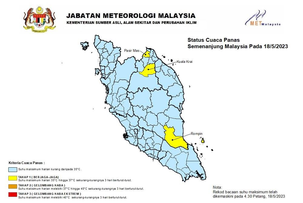 Status cuaca panas di kawasan Semenanjung Malaysia. - Foto Facebook MetMalaysia