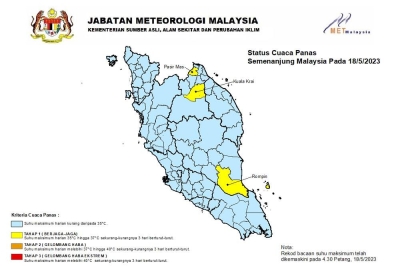 Status cuaca panas di kawasan Semenanjung Malaysia. - Foto Facebook MetMalaysia