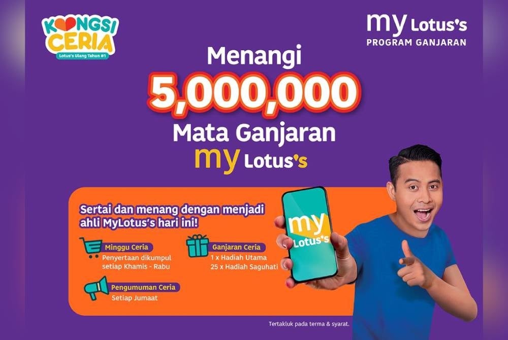 Ahli My Lotus’s Yang Bertuah berpeluang memenangi 25 set 10,000 mata My Lotus’s, dan 1 pemenang hadiah utama akan memenangi 1,000,000 mata My Lotus’s setiap minggu, dengan perbelanjaan minimum RM50 setiap transaksi sepanjang tempoh kempen Kongsi Ceria.