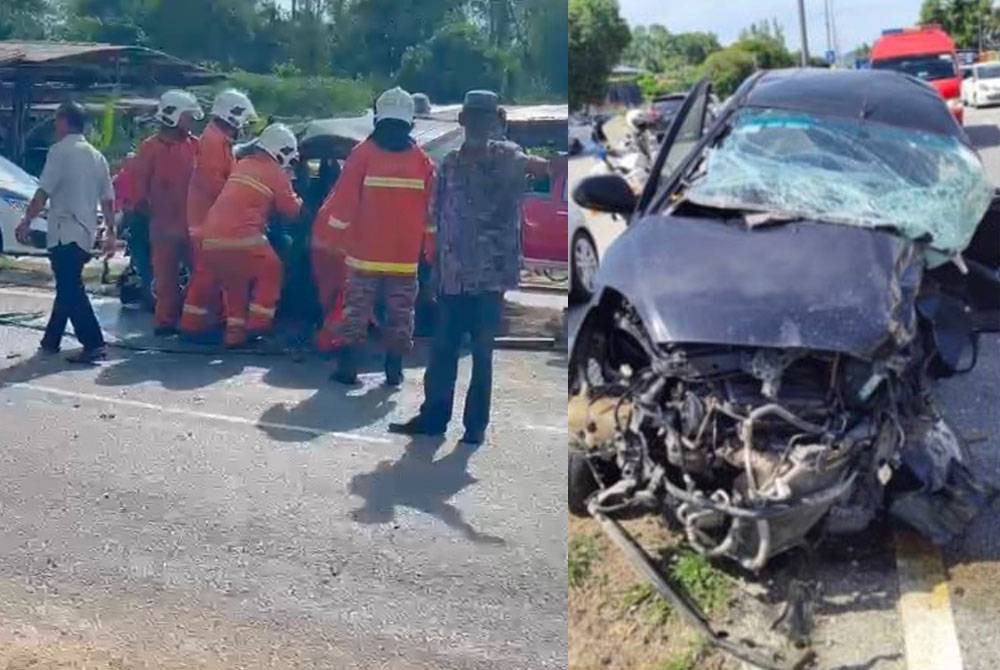 Pasukan bomba yang berusaha mengeluarkan mayat tersepit di bahagian pemandu kereta.