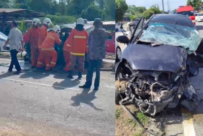Pasukan bomba yang berusaha mengeluarkan mayat tersepit di bahagian pemandu kereta.