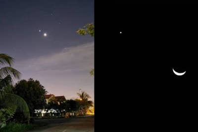 Gambar kedudukan Zuhrah dan bulan yang dekat dikongsikan oleh pengguna Facebook, Datuk Hassan Mohd Noor. Gambar Zuhrah dan bulan yang diambil sekitar jam 10 malam (kanan).