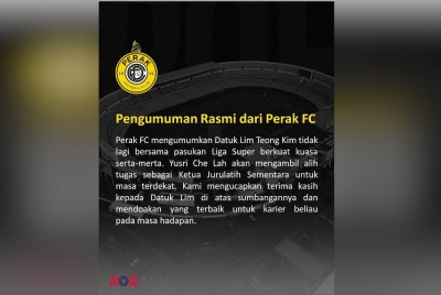 Pengumuman rasmi Perak FC mengenai penamatan khidmat Teong Kim bersama pasukan yang disiarkan menerusi Facebook rasmi Perak FC pada Khamis.