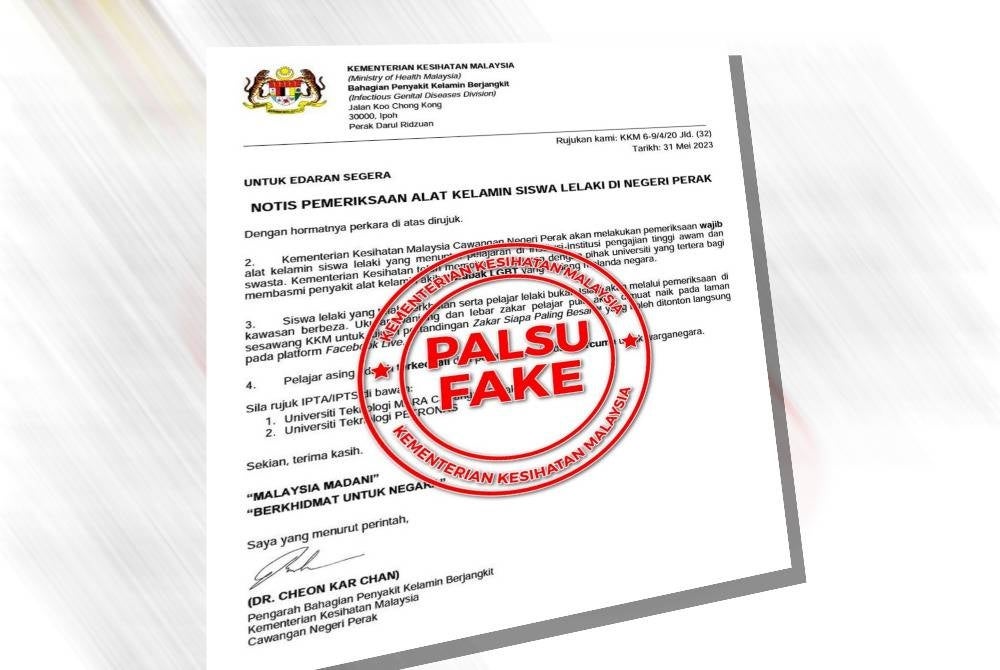 Notis palsu yang dikongsi KKM di laman Twitter pada Khamis.