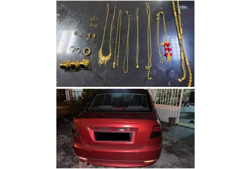 Polis menyita kereta dan barang kemas milik sepasang suami isteri yang disyaki terlibat dalam aktiviti pengedaran dadah di Manjung. Foto: ihsan PDRM