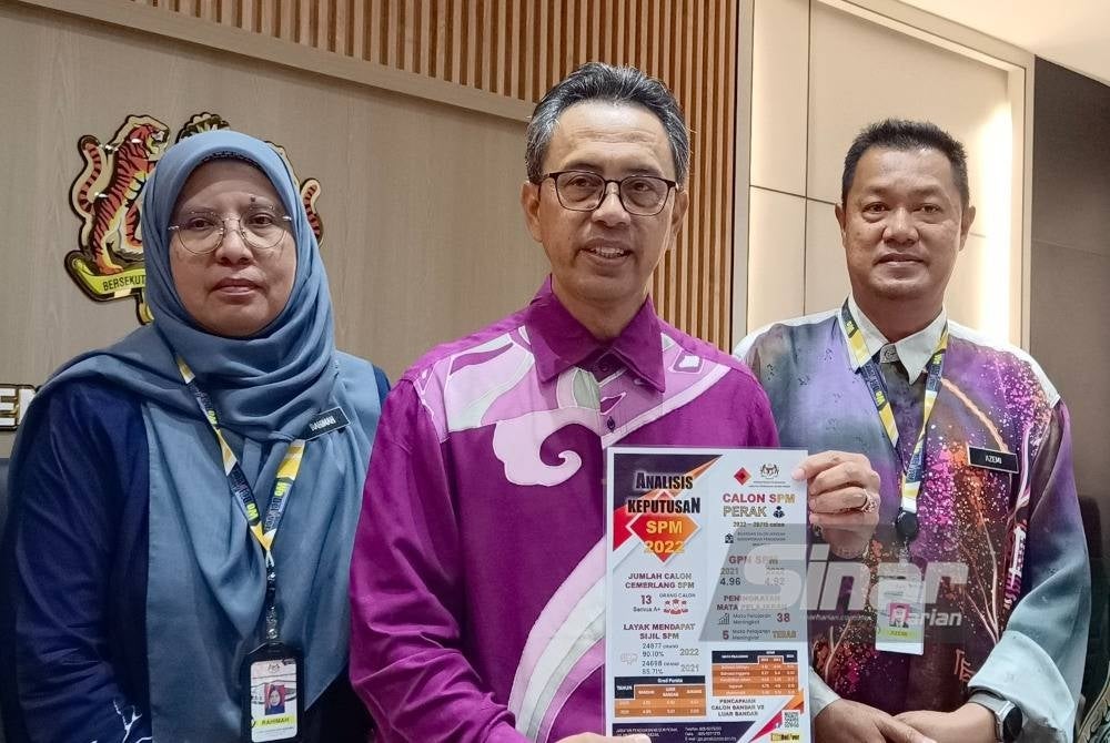 Mohamad Fauzi (tengah) menunjukkan hasil keputusan SPM 2022 bagi negeri Perak.