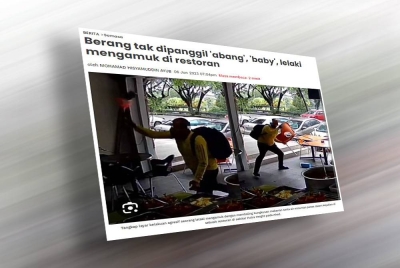 Berang disapa sebagai pak cik, sebaliknya mahu dipanggil 'abang' atau 'baby', seorang lelaki bertindak keterlaluan dengan membaling bungkusan makanan serta air minuman panas dalam kejadian di sebuah restoran sekitar Putra Height pada Ahad.