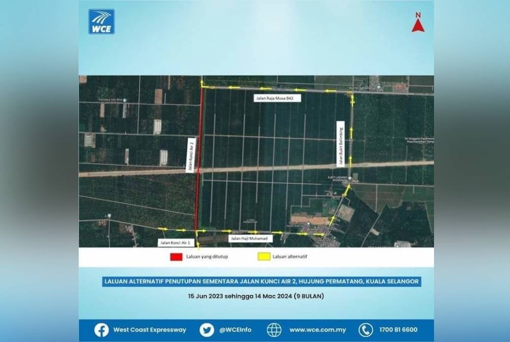 Infografik mengenai Jalan Kunci Air 2, Hujung Permatang, Kuala Selangor ditutup selama sembilan bulan bagi pelaksanaan pembinaan ROB bermula Khamis ini.