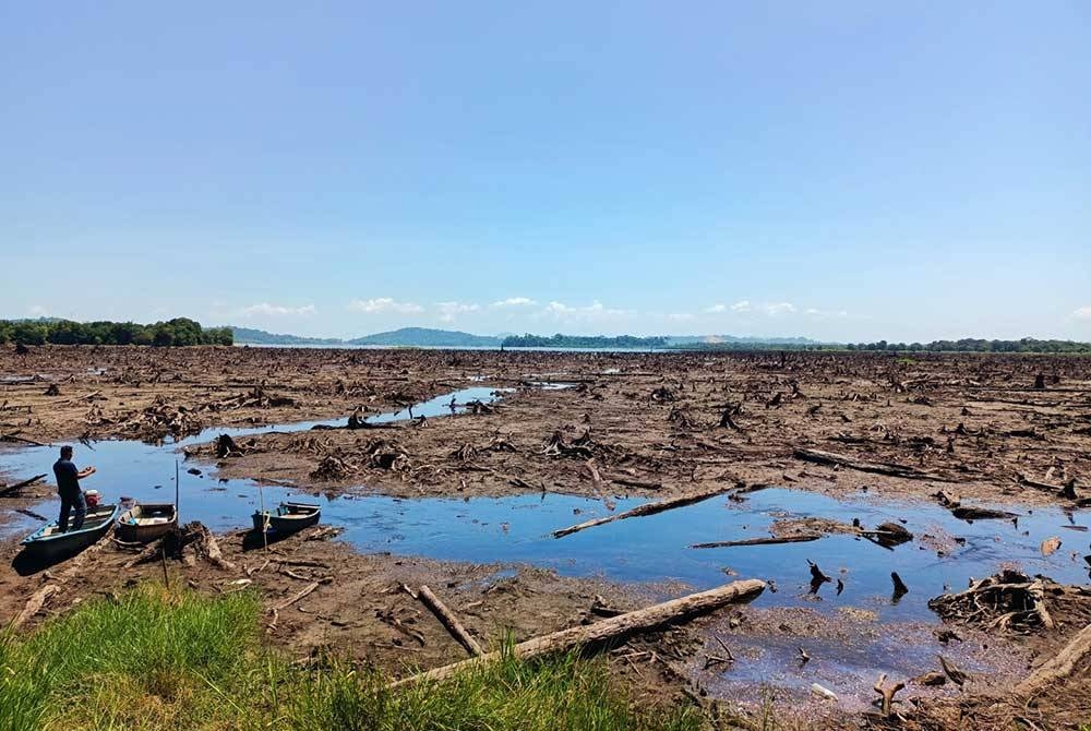 Keadaan paras Tasik Bukit Merah yang menyusut dilihat dari Jeti Nelayan Darat Kampung Selamat, Semanggol pada Selasa.
