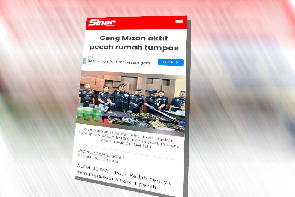 Tangkap layar laporan Sinar Harian berhubung tangkapan 'Geng Mizan' sebelum ini.
