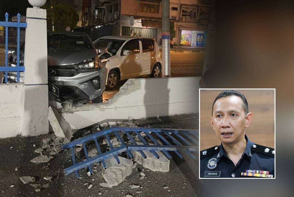 Perodua Myvi yang dipandu remaja lelaki terbabas melanggar Perodua Bezza yang sedang diparkir hingga bergerak ke hadapan dan melanggar tembok batu Balai Polis Sungai Jarom, Kuala Langat pada Sabtu. - Gambar kecil: Ahmad Ridhwan