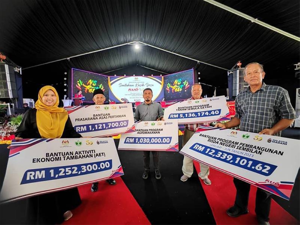 Dari kiri: Firzah, Nordin, Muhammad Arif, Mazelan dan Azman memegang replika cek bantuan yang diterima.