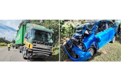 Keadaan kereta Perodua Bezza dan treler yang terlibat dalam kemalangan berkenaan.