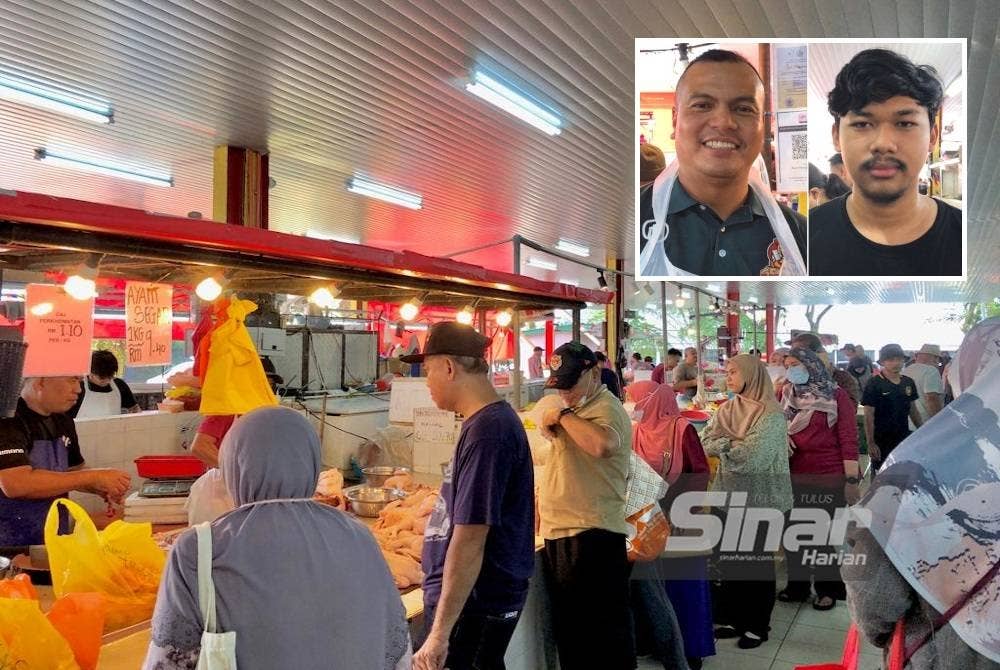 Orang ramai beratur untuk membeli ayam di Pasar Pagi Seksyen 16, Shah Alam pada Rabu. (Gambar kecil: Jaki dan Akmal Daniel )