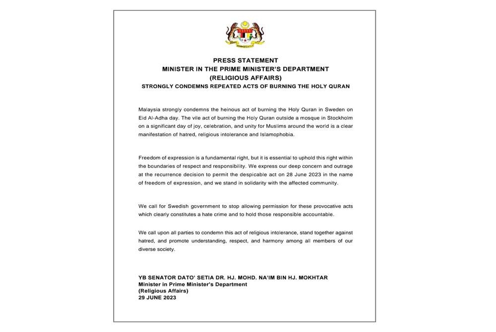 Kenyataan media Menteri di Jabatan Perdana Menteri (Hal Ehwal Agama), Datuk Dr Mohd Na'im Mokhtar.