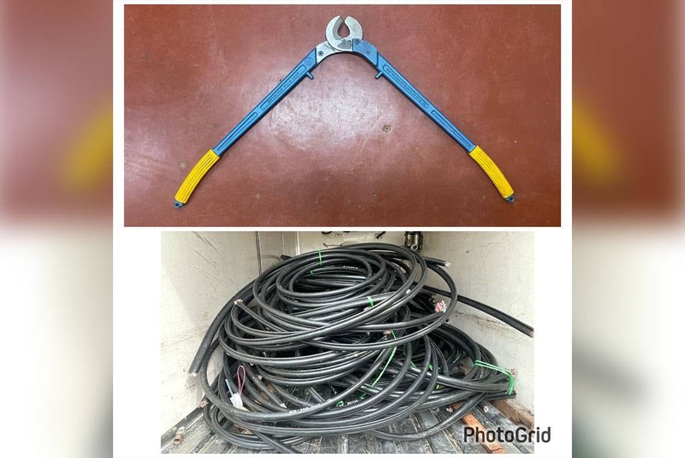 Polis merampas kabel milik TM bersama satu alat pemotong ketika tangkapan tiga lelaki dilakukan di Gerik, Jumaat lalu. - Foto ihsan PDRM
