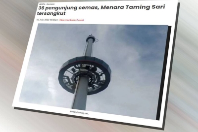 Pada Ahad, seramai 36 pengunjung dilapor berdepan detik cemas apabila terperangkap di dalam pelantar berputar jenis gyro Menara Taming Sari di Banda Hilir pada ketinggian 60 meter ketika ia turun.