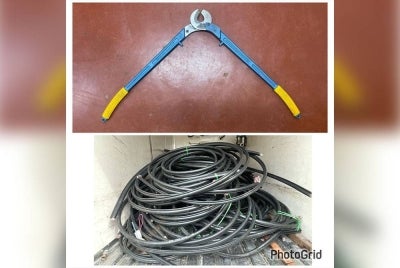 Polis merampas kabel milik TM bersama satu alat pemotong ketika tangkapan tiga lelaki dilakukan di Gerik, Jumaat lalu. - Foto ihsan PDRM