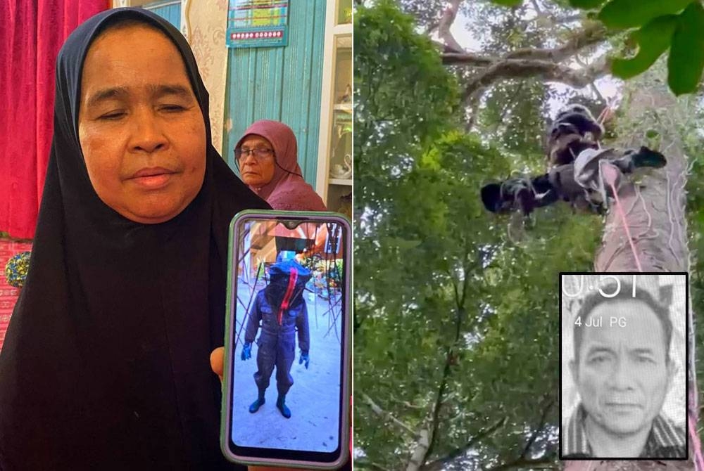Midah menunjukkan pakaian yang dikenakan oleh suaminya, Che Hussin (gambar kecil) semasa mencari madu lebah. Foto kanan: Anggota JBPM Pasir Puteh menggunakan kaedah 'hightline rescue' dan sistem takal untuk membawa turun pencari madu yang meninggal di atas pokok keruing di hutan Kampung Cabang Tongkat.