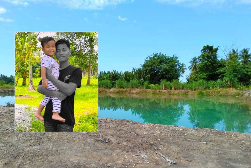 Seorang remaja lelaki lemas ketika mandi di sebuah kolam ikan di Kampung Kuau pada Jumaat. Gambar kecil: Gambar kenangan Allahyarham Mohammad Afiq bersama adiknya Jun lalu.