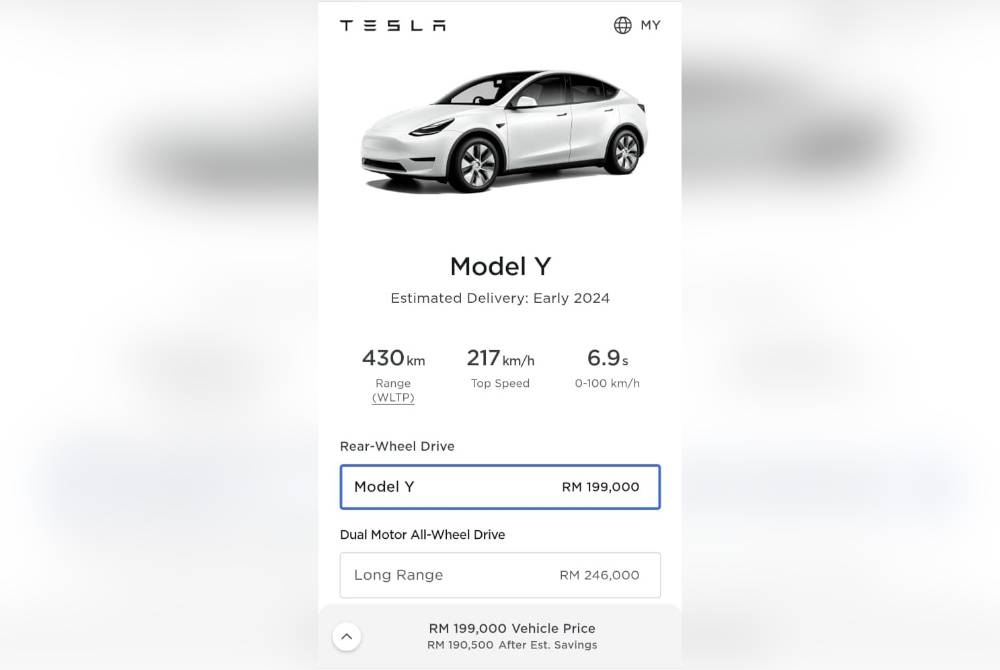 Laman sesawang Tesla memaparkan SUV Model Y boleh ditempah pada harga bermula RM190,000.